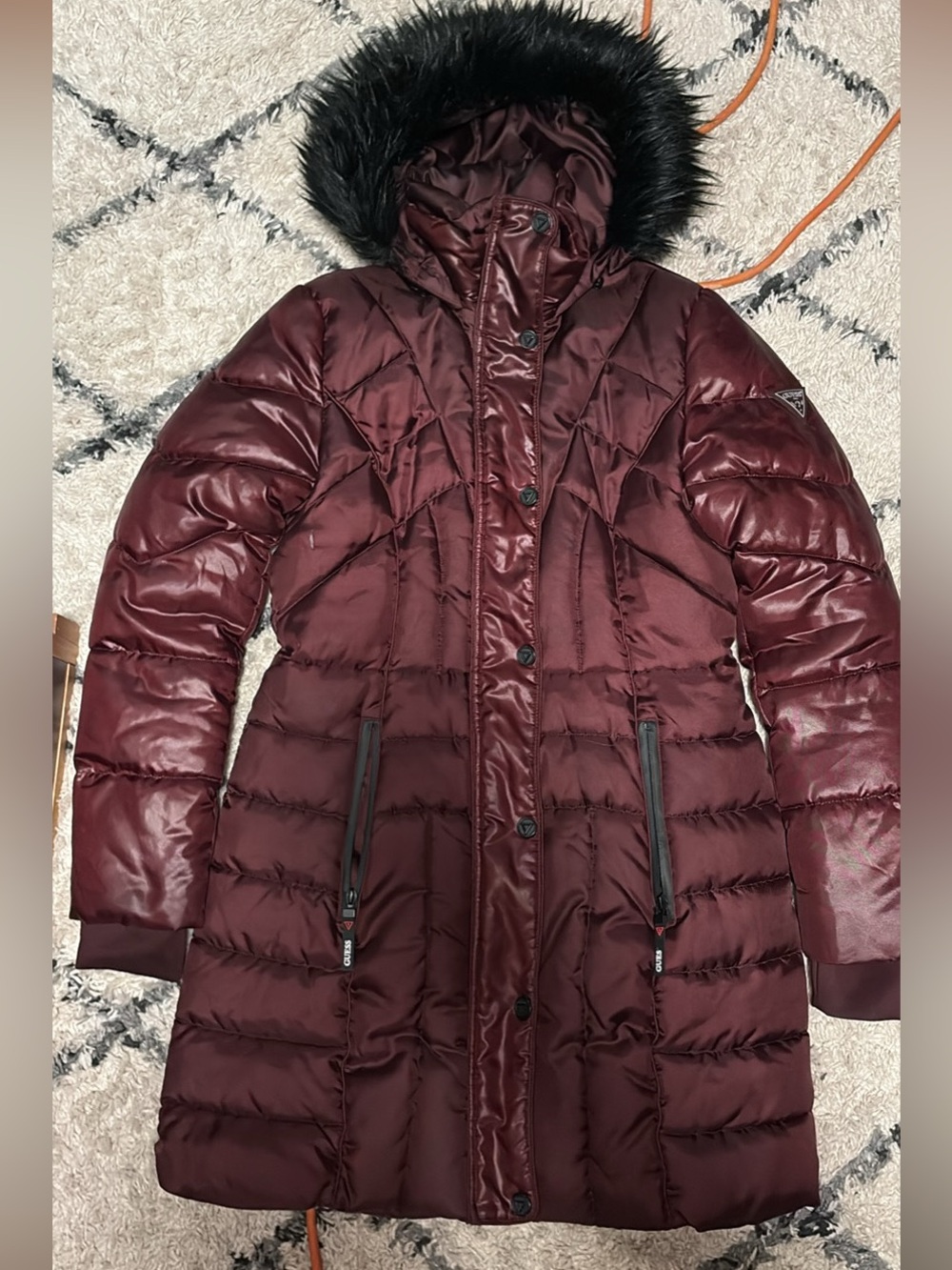 Women's Guess Parka With Faux-Fur Hood - Burgundy - Small